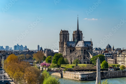Panoramic view of the Notre Dame de Paris cathedral on its backside