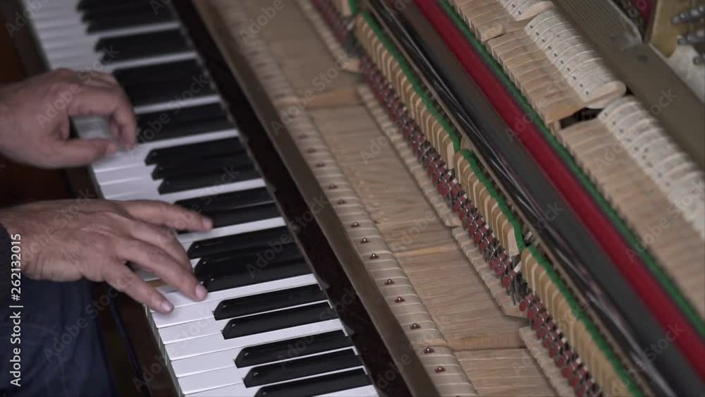 Musician plays open piano, Slow Motion Top View Medium shot with shallow depth of field Musician plays open piano, Slow Motion Top View Medium shot with shallow depth of field