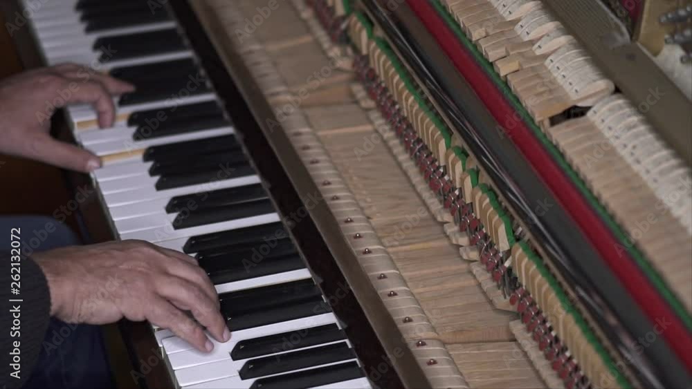 Musician plays open piano, Slow Motion Top View Medium shot with shallow depth of field Musician plays open piano, Slow Motion Top View Medium shot with shallow depth of field
