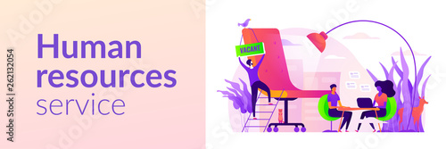 Recruitment agency, human resources service, recruitment network and candidate interview concept. Vector banner template for social media with text copy space and infographic concept illustration.