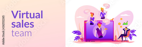 Virtual sales, remote sales method, virtual sales team and assistants concept. Vector banner template for social media with text copy space and infographic concept illustration.
