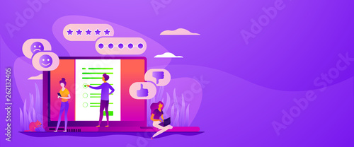 Online survey, internet questionnaire form, marketing research tool and target audience survey. Vector banner template for social media with text copy space and infographic concept illustration.