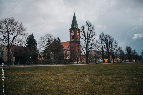 European church in vintage style on village classic background