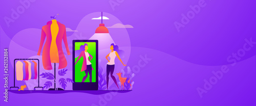 Virtual fitting room, online dressing, e-commerce clothing room concept. Vector banner template for social media with text copy space and infographic concept illustration.