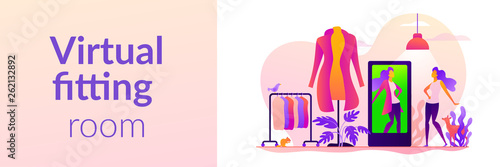 Virtual fitting room, online dressing, e-commerce clothing room concept. Vector banner template for social media with text copy space and infographic concept illustration.