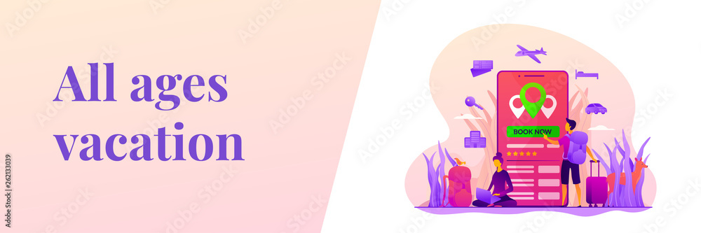 Online booking services, internet reservation system, accommodation search concept. Vector banner template for social media with text copy space and infographic concept illustration.