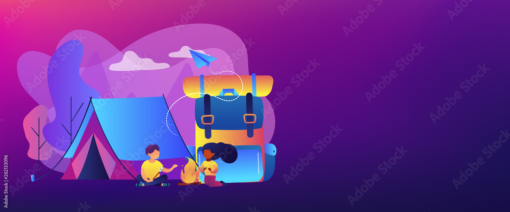 Tiny people kids sitting at campfire and roasting marshmallow near tent and huge backpack. Summer camp, sleepaway camp, kids vacation time concept. Header or footer banner template with copy space. Tiny people kids sitting at campfire and roasting marshmallow near tent and huge backpack. Summer camp, sleepaway camp, kids vacation time concept. Header or footer banner template with copy space.