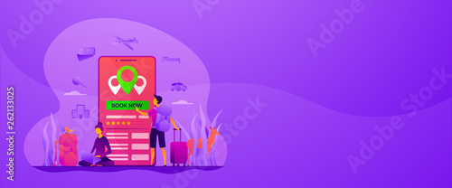 Online booking services, internet reservation system, accommodation search concept. Vector banner template for social media with text copy space and infographic concept illustration.