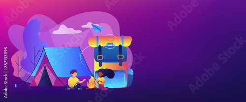 Tiny people kids sitting at campfire and roasting marshmallow near tent and huge backpack. Summer camp, sleepaway camp, kids vacation time concept. Header or footer banner template with copy space.