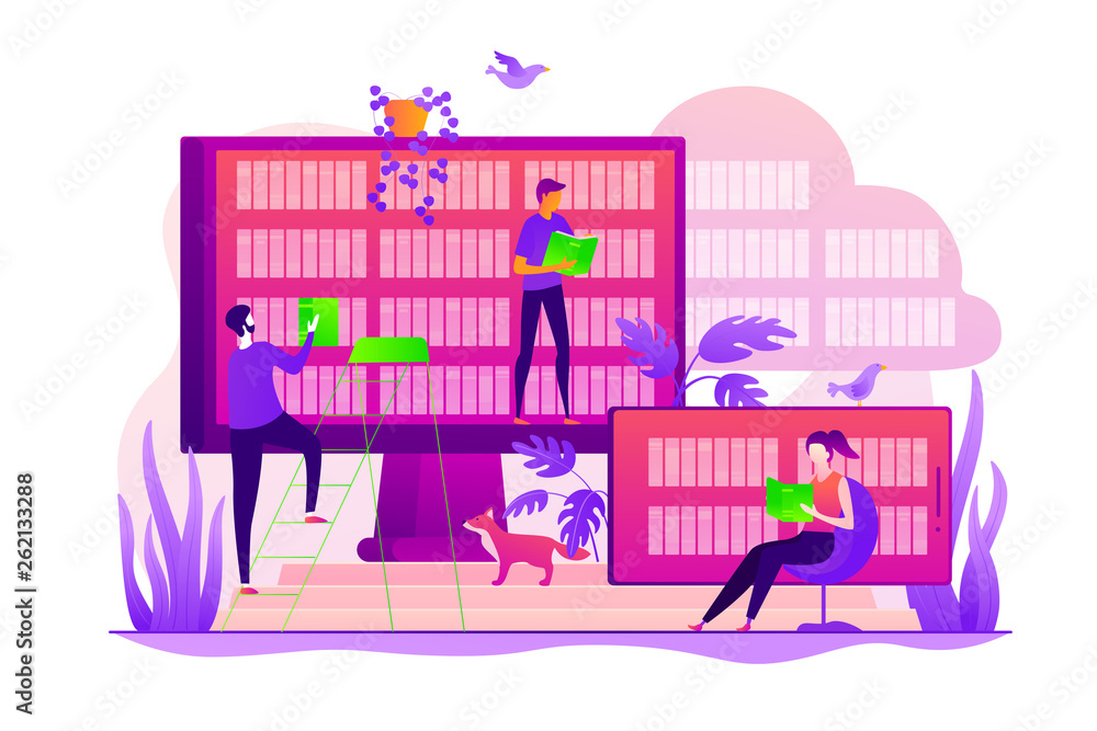 Digital learning, online database, content storing and searching, ebooks and e-library concept. Vector isolated concept illustration with tiny people and floral elements. Hero image for website. Digital learning, online database, content storing and searching, ebooks and e-library concept. Vector isolated concept illustration with tiny people and floral elements. Hero image for website.