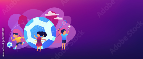 Tiny people, active kids in camp playing sports outside and big football. Sport summer camp, multi sports camp, active summer time concept. Header or footer banner template with copy space. © Visual Generation