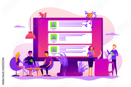 Global internet communication, social media and network technology, chat message and forum concept. Vector isolated concept illustration with tiny people and floral elements. Hero image for website.