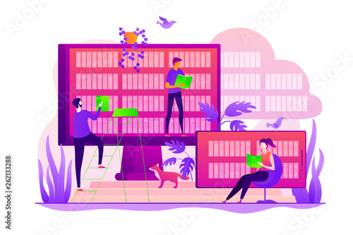Digital learning, online database, content storing and searching, ebooks and e-library concept. Vector isolated concept illustration with tiny people and floral elements. Hero image for website.