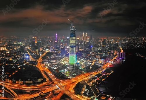 Photography Aerial view of Kuala Lumpur cityscape at night