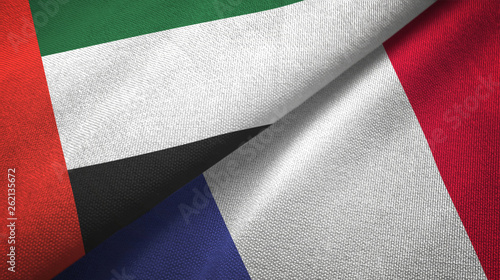 United Arab Emirates and France two flags textile cloth, fabric texture