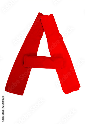 Letter A made of different colored cloth on a white background. Isolated