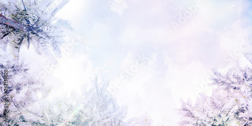 Colorful panoramic landscape  winter snowy forest.    Car backplate  3D rendering computer digitally generated illustration. 