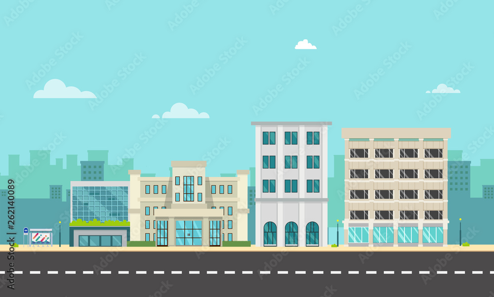 City street and company with bus stop in flat style.Business buildings in urban.Buildings on main street.Vector illustration.Modern cityscape design.Urban landscape with large modern buildings