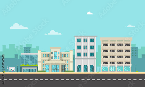 City street and company with bus stop in flat style.Business buildings in urban.Buildings on main street.Vector illustration.Modern cityscape design.Urban landscape with large modern buildings