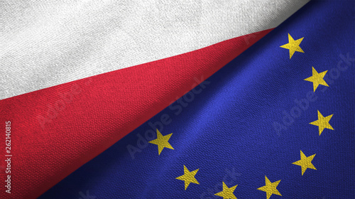 Poland and European Union two flags textile cloth, fabric texture photo