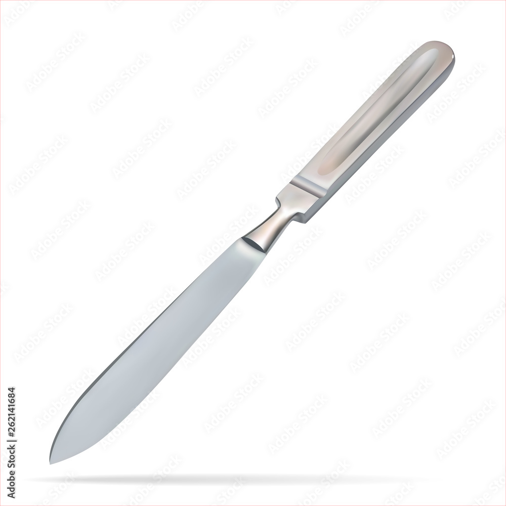 Amputation knife Liston. Surgical knife designed to separate the soft tissues of the body. Medical operation tool. Isolated realistic object on white background. Vector illustration. Amputation knife Liston. Surgical knife designed to separate the soft tissues of the body. Medical operation tool. Isolated realistic object on white background. Vector illustration.