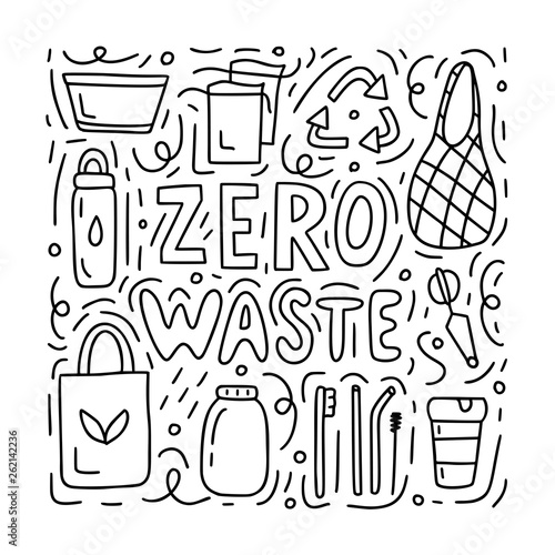 Zero waste doodle concept. Black and white vector illustration for postcards, shops or for coloring book.