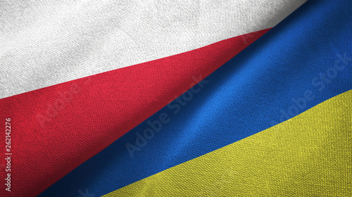 Poland and Ukraine two flags textile cloth, fabric texture