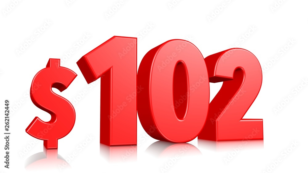 102$ One hundred two price symbol. red text 3d render with dollar sign on white background 102$ One hundred two price symbol. red text 3d render with dollar sign on white background