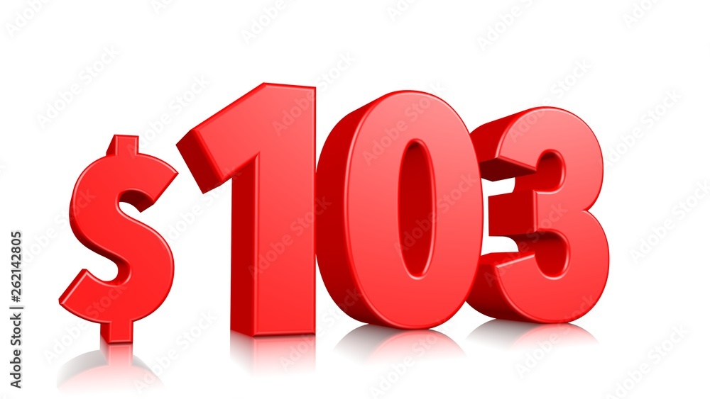 103$ One hundred three symbol. red text 3d render with dollar sign on white background 103$ One hundred three symbol. red text 3d render with dollar sign on white background
