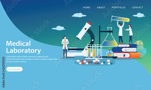 medical laboratory vector illustration concept, people at the top and side of the book are learning via a gadget, can use for, landing page, template, ui, web, mobile app, poster, banner, flyer