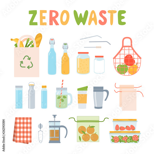 Zero waste set. Kitchen utensils and food. Glass, wooden and metal utensils. Fabric bag and pouches. Flat vector illustration.