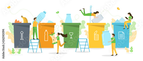 People sort garbage by type into containers for recycling. Ecology concept. Flat vector illustration.