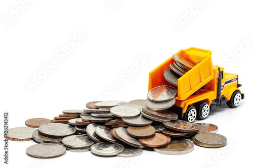 A yellow toy dump truck wit...