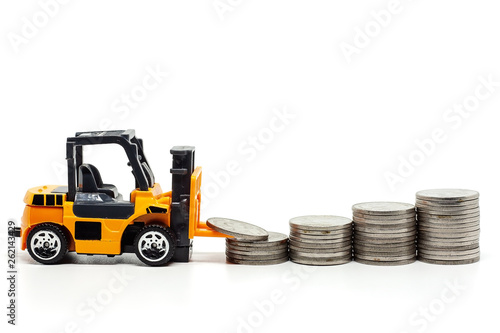 A yellow toy forklift with ...