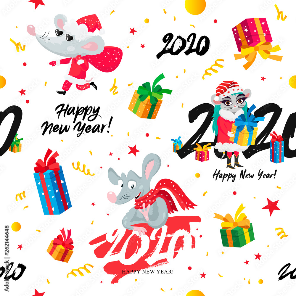 Fototapeta premium Seamless pattern of rats, mice, gift boxes and numbers 2020.