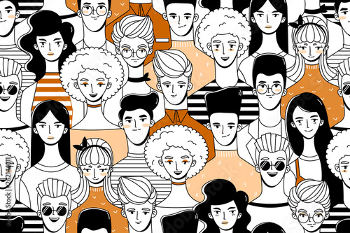 Seamless pattern with a crowd of people (young guys and girls). Background in doodle style.