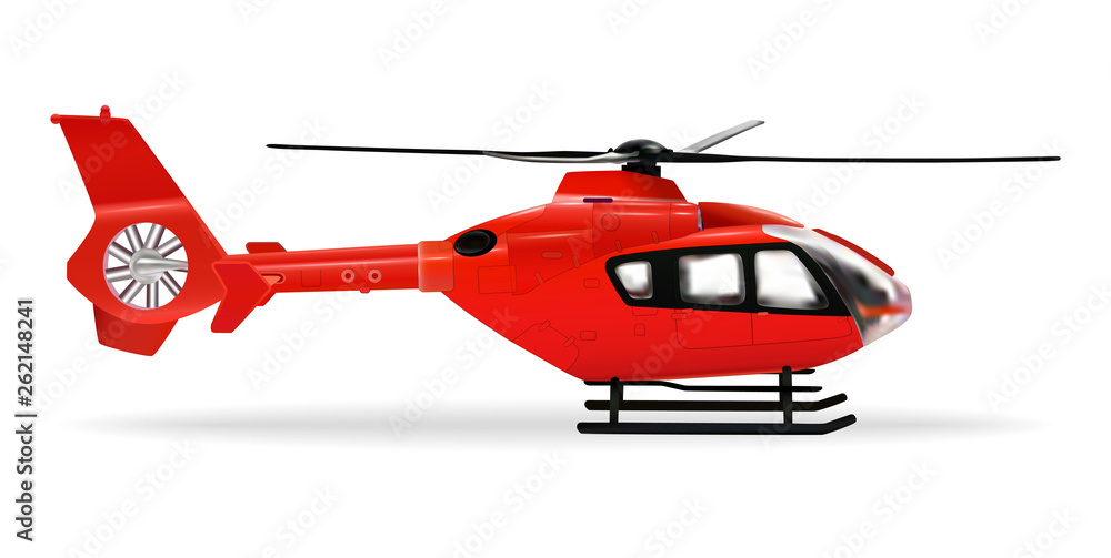 Red copter. Passenger civilian helicopter. Realistic object on white background. Vector illustration