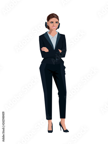 Elegant pretty business woman in formal clothes, in a pantsuit and high heels. Base wardrobe, feminine corporate dress code.  Vector illustration isolated on white, EPS 10