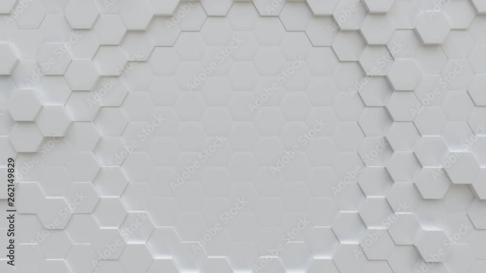 Abstract Placeholder Circle Hexagon Geometric Surface Loop: light bright clean minimal hexagonal grid, waving motion background canvas in pure wall architectural white. Seamless loop 4K UHD FullHD.