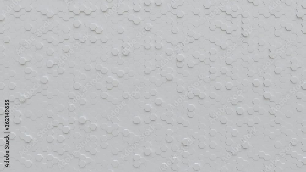 Abstract Hexagon Geometric Surface Loop: light bright clean minimal hexagonal grid pattern, random waving motion background canvas in pure wall architectural white. Seamless loop 4K UHD FullHD.