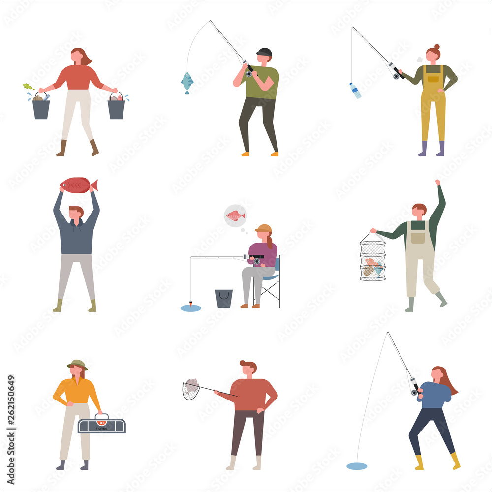 People who enjoy fishing. flat design style minimal vector illustration