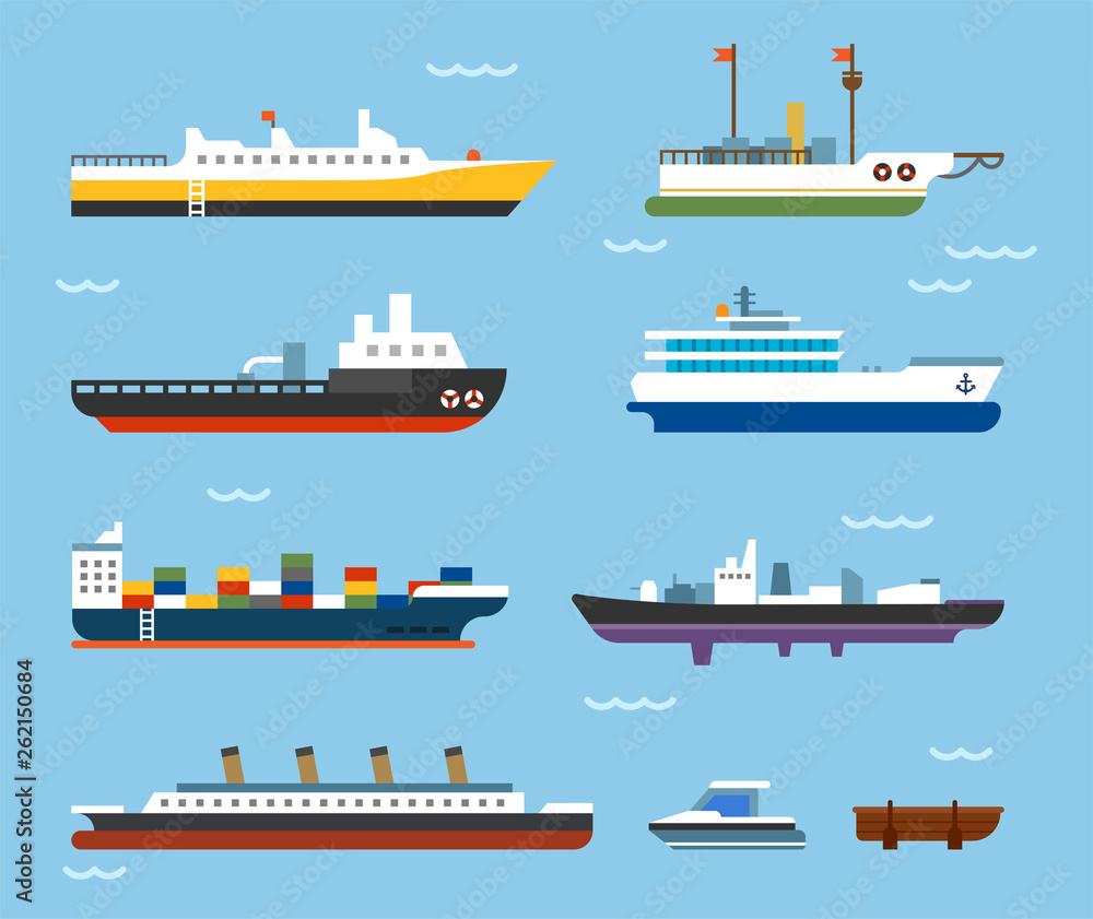 various kind of ships. flat design style minimal vector illustration - obrazy, fototapety, plakaty 