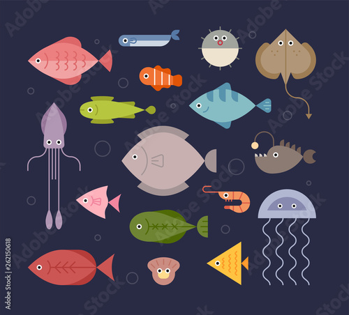 various kind of fish under the sea. flat design style minimal vector illustration