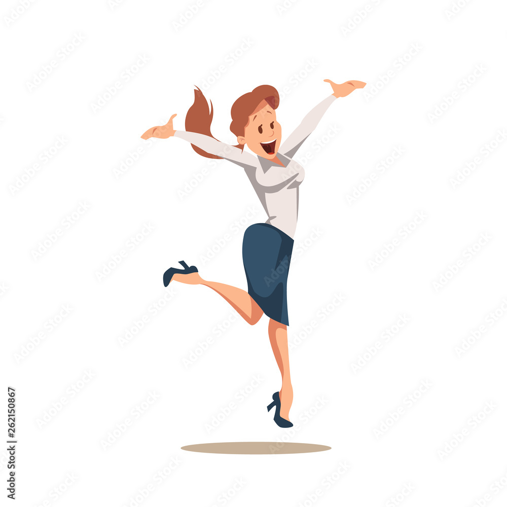 Happy Cheerful Businesswoman in Suit Jumping Up Happy Cheerful Businesswoman in Suit Jumping Up