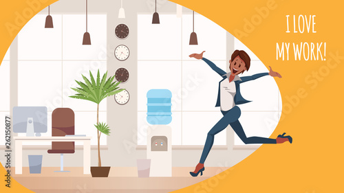 Thrilled Office Woman Jumping in Coworking Space