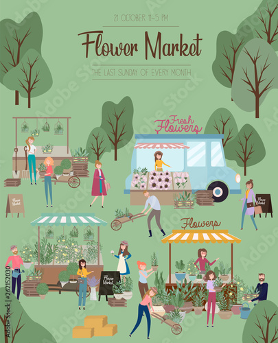 Flower market poster with people selling and shopping at walking street, cartoon flat design. Flower shop and sellers. Editable vector illustration