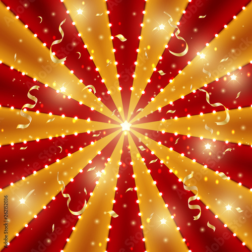 Circus background of red and gold lines stripe with star constellations, light bulbs and tinsel. Retro sun beam ray template for banner, invitation flyer. Vintage fun fair burst carnival vector poster