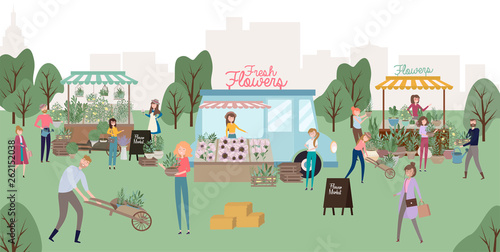 Flower market poster with people selling and shopping at walking street, cartoon flat design. Flower shop and sellers. Editable vector illustration