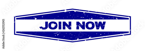 Grunge blue join now word hexagon rubber seal stamp on white background