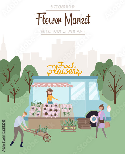 Flower market poster with people selling and shopping at walking street, cartoon flat design. Flower shop and sellers. Editable vector illustration
